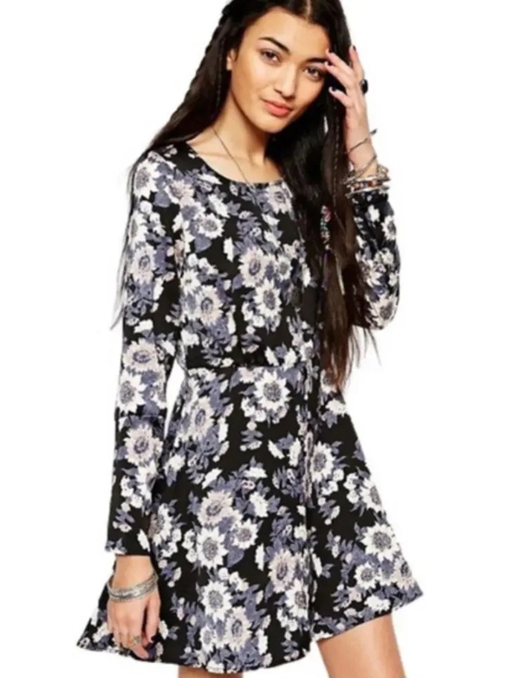 Free People | Black & Lavender Floral Long-Sleeve Fit Dress